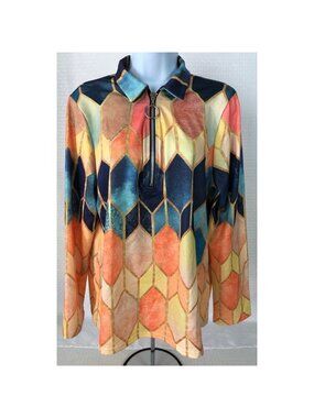 Sheilay Top Size M 3/4 Zip Long Sleeves Blue Yellow Hexagon Pattern Orange New